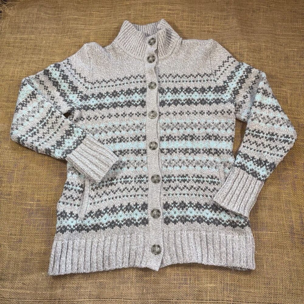 Eddie Bauer Womans Button Down Wool Blend Gray/Blue Fair Isle Sweater Size M